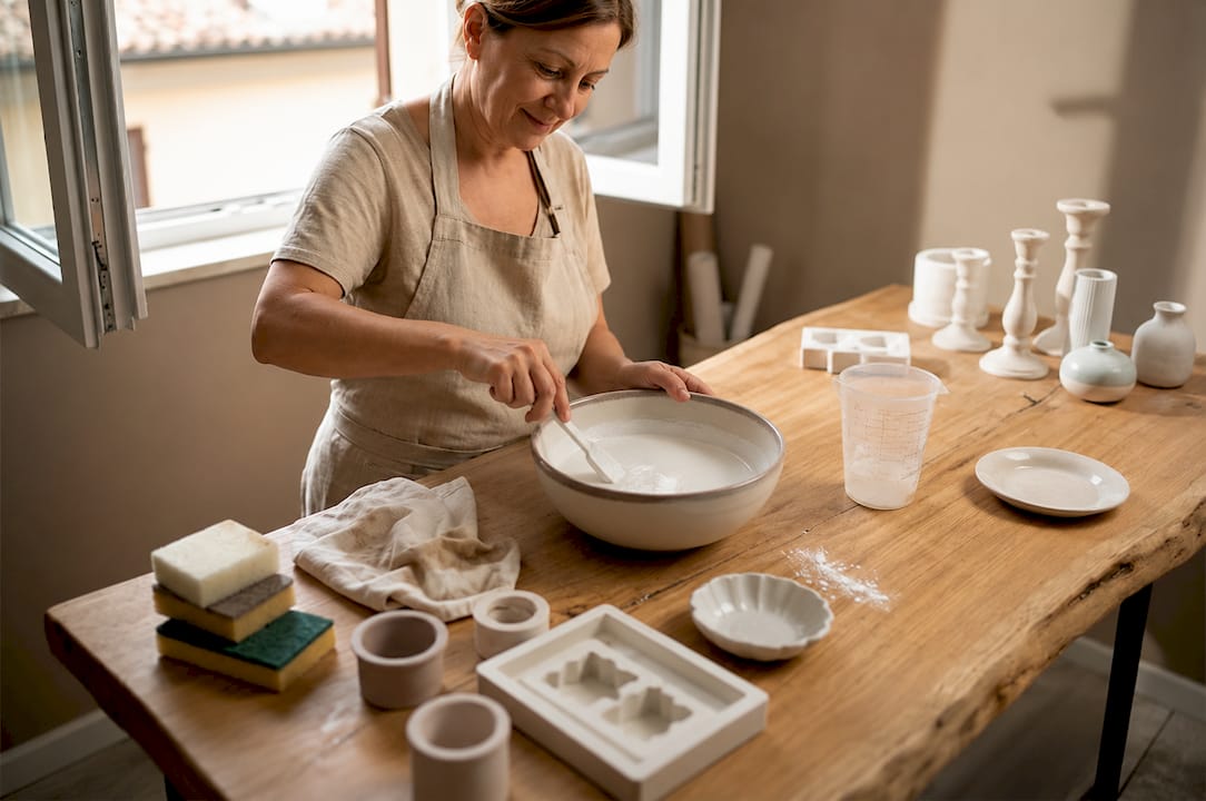 Un artigiano versa il gesso in uno stampo di silicone, lavorando con cura nel laboratorio ricavato in cucina.