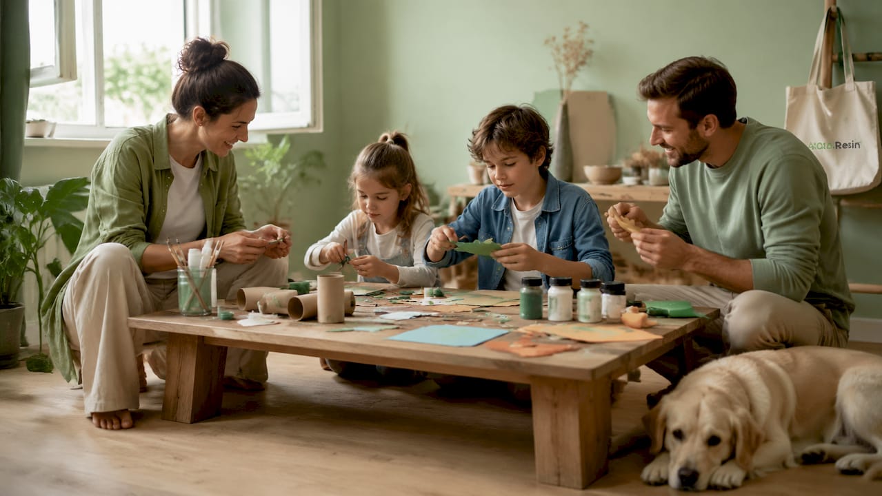 Una famiglia che si diverte a realizzare lavoretti creativi insieme, trascorrendo del tempo di qualità a casa.