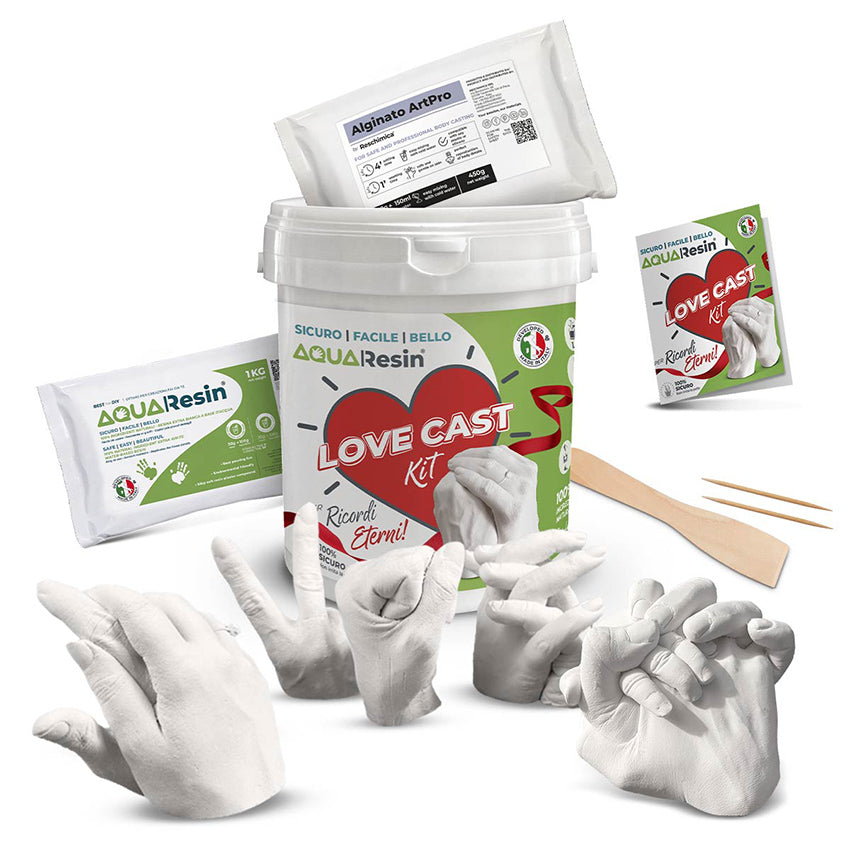 LOVE CAST KIT – Calchi 3D di mani con Alginato e Aqua Resin ecologica, sicura, effetto porcellana