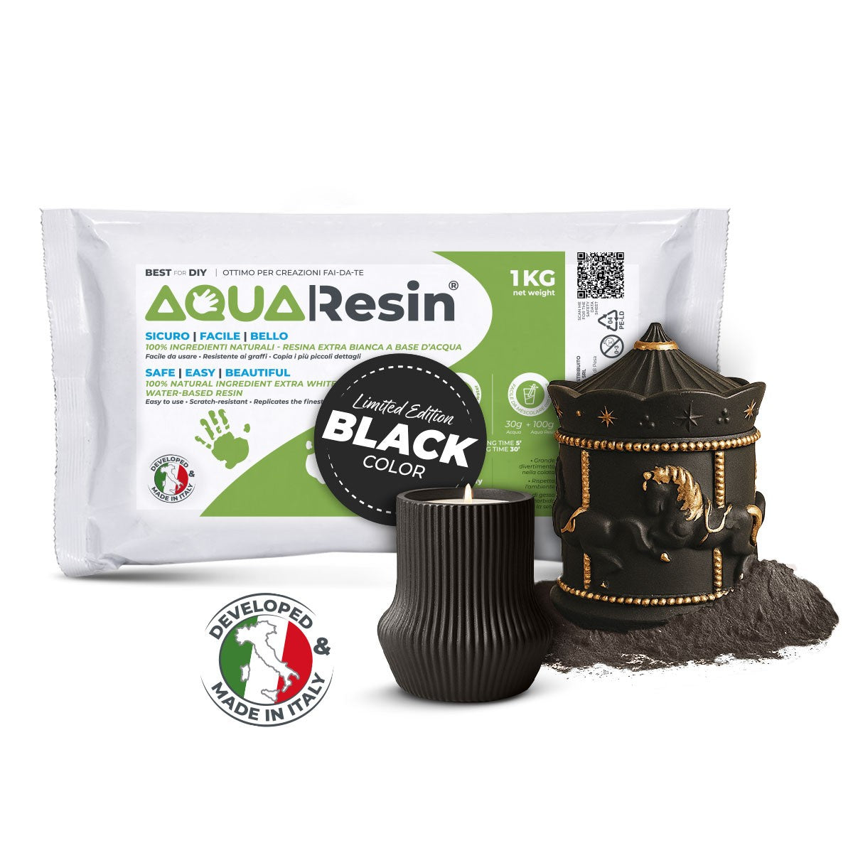 AQUA RESIN BLACK – Plâtre alpha pigmenté en noir absolu – naturel, non toxique et sûr