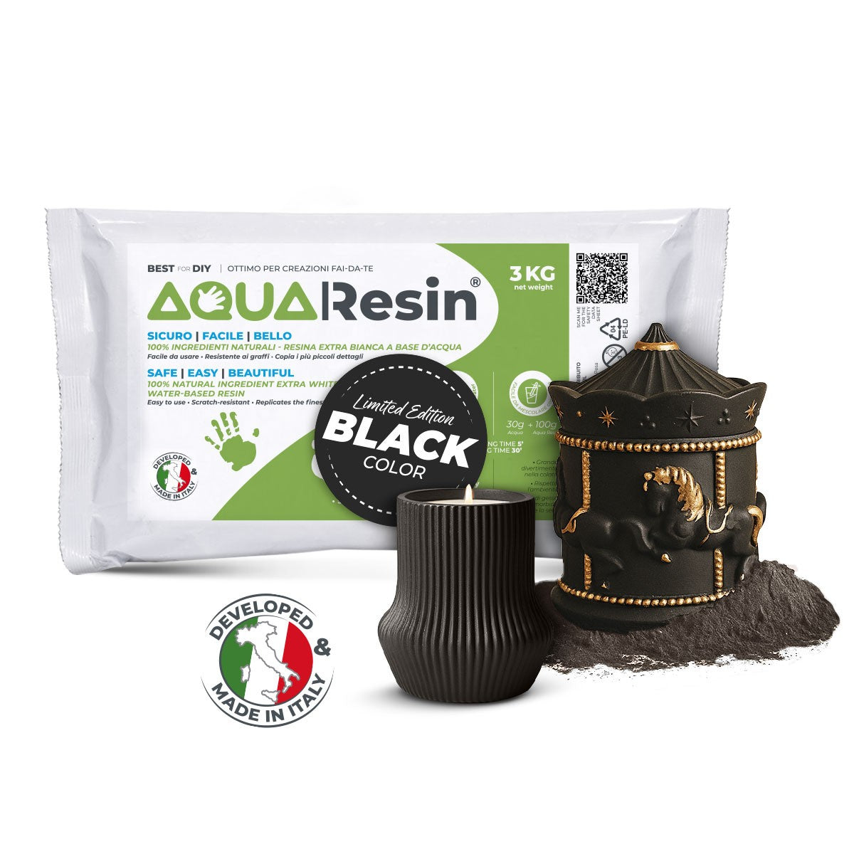 AQUA RESIN BLACK – Plâtre alpha pigmenté en noir absolu – naturel, non toxique et sûr